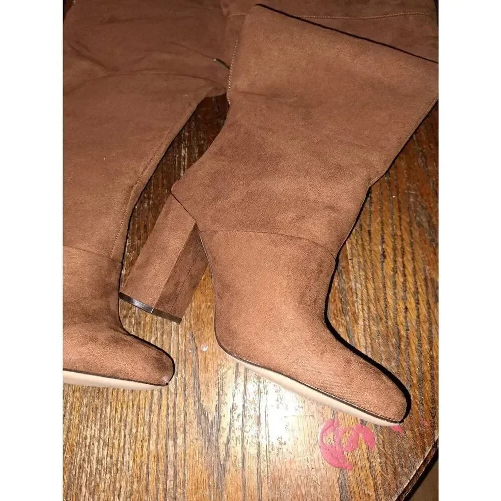 New 8.5E Wide Shoe Dazzle Brown Daisey High Block Chunky Heel Boots Over Knee